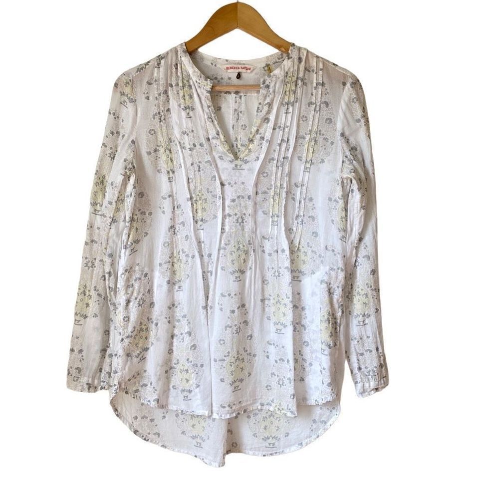 Rebecca Taylor white cotton lightweight neutral floral tunic blouse top size 2